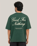 Good For Nothing Forest graphic tee in olive green, back view with "Good For Nothing" print